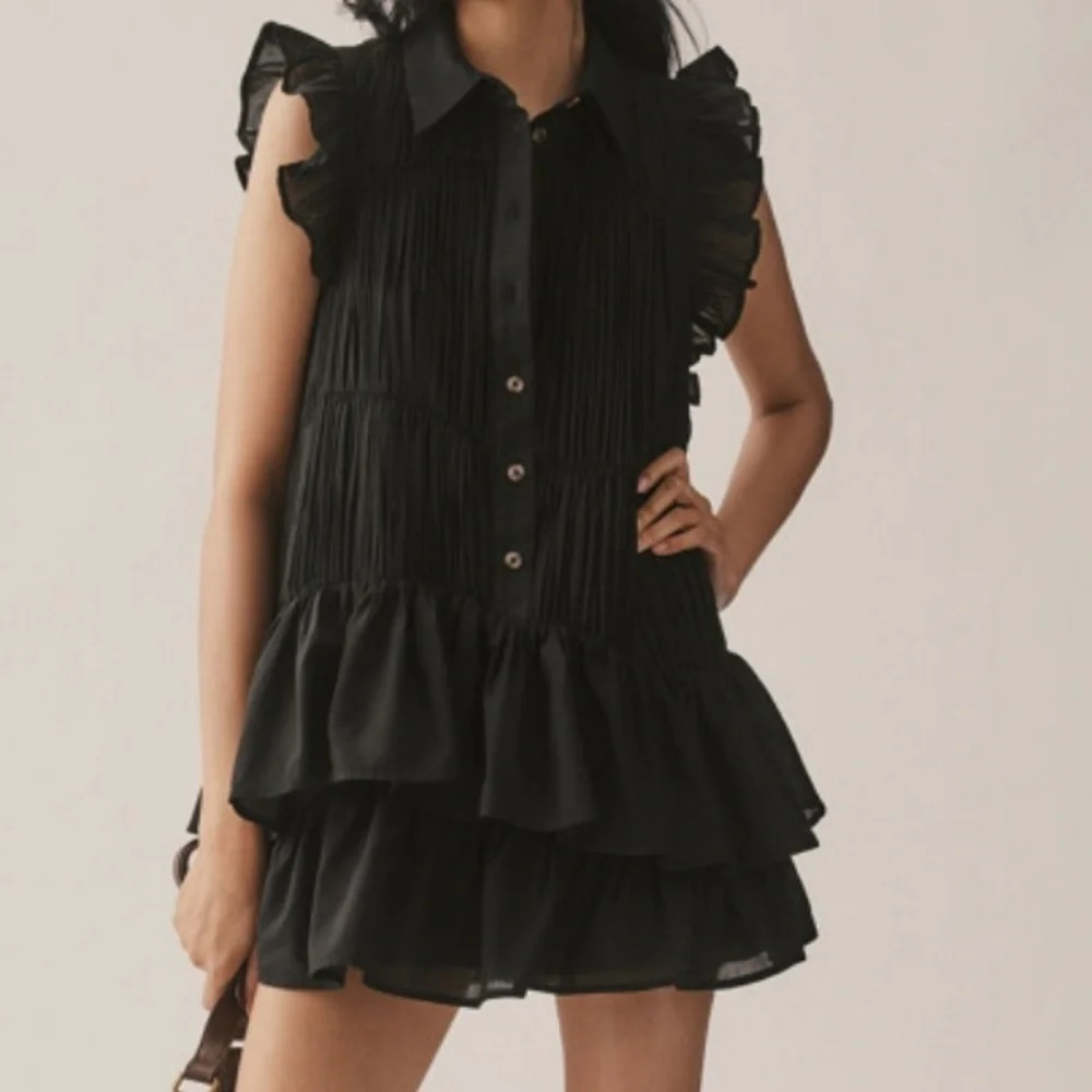 Anthropologie Sleeveless Ruffle Mini Shirt Dress Black Button Cotton Collar NWOT - Picture 13 of 13